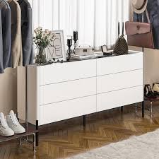 Fufu Gaga White Wood 6 Drawer 63 In W Wood Dresser Storage Cabinet With Glass Top Metal Legs