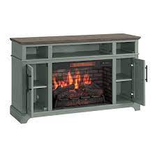 Hillrose 52 In Freestanding Electric Fireplace Tv Stand In Pale Mint With Rustic Taupe Oak Top