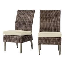 Hampton Bay Rock Cliff Brown Stationary Wicker Outdoor Patio Armless Dining Chair With Cushionguard Putty Tan Cushions 2 Pack