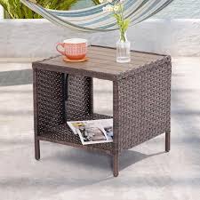 Patio Hips Side Table Square Coffee Table Outdoor Secondary Space Rattan End Table Brown