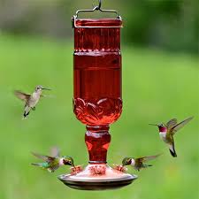 Red Antique Glass Bottle Hummingbird Feeder