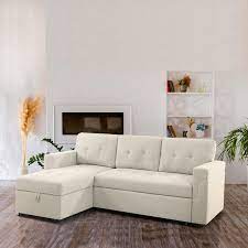 78 In W Stylish Reversible Velvet Sleeper Sectional Sofa Storage Chaise Pull Out Convertible Sofa In Cream