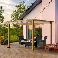 Egeiroslife 10 Ft X 10 Ft Wood Grain Aluminum Outdoor Pergola With Beige Retractable Shade Canopy