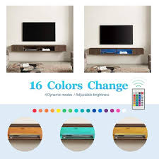 Brown Floating Tv Stand For 75 Inch Tv With Storage Shelf And Led Ligh