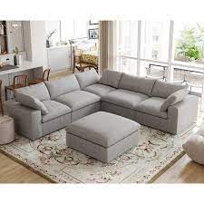 120 In Modular Linen Flannel Upholstered Free Combination Large 6 Seat L Shape Corner Sectional Sofa With Ottoman Gray