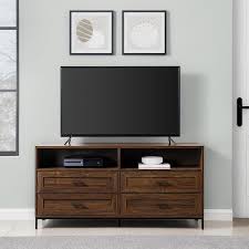 56 In Dark Walnut Wood Modern Tv Stand With 4 Drawers With Cable Management Max Tv Size 60 In
