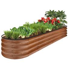 Best Choice S 8x2x1ft Outdoor Metal Raised Oval Garden Bed Planter Box For Vegetables Flowers Wood Grain