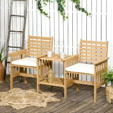Outsunny Outdoor Wood Loveseat With Middle Table Garden Table And Chairs Set With Cushions And Umbrella Hole 2 Seater Outdoor Furniture Set For