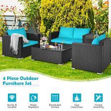 Costway 4pcs Patio Rattan Cushioned Sofa Chair Coffee Table Turquoise See Details Black Turquoise