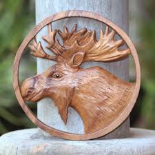 Hand Carved Suar Wood Moose Wall Panel