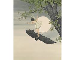 Vintage Fairy Riding A Bat Art Print