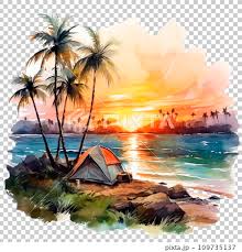 Watercolor Drawing Landscape Sunset By