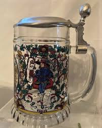 German Glass Beer Stein With Pewter Lid