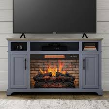 Hillrose 52 In Freestanding Electric Fireplace Tv Stand In Blue Ash With Rustic Taupe Oak Top