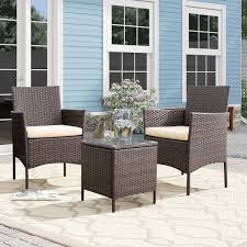 Brown 3 Pieces Patio Furniture Pe Rattan Outdoor Conversation Set W Table