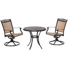 Hanover Fontana 3 Piece Bistro Set With 2 Sling Swivel Rockers And A 32 In Cast Top Table Beige