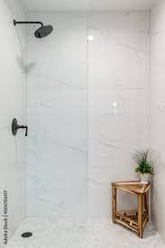Gray Marble Tile Shower With Glass Door