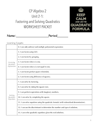 Solving Quadratics Worksheet Packet