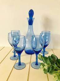 Vintage Blue Glass Etched Decanter