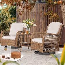 Joyside 3 Piece Wicker Outdoor Swivel Rocking Chair Set With Beige Cushions Patio Conversation Set 2 Chair