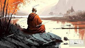Monk Meditating Near A River By
