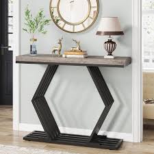 Turrella 42 5 In Grey Rectangle Wood Console Table With Geometric Metal Base Entryway Sofa Table Narrow Long