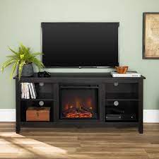 Walker Edison Essential 58 Wood Tv Stand With Fireplace Black