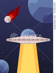 ufo in space flat cartoon poster with
