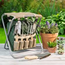 Pure Garden Folding Garden Stool With Tool Bag Plus 5 Garden Too