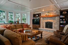 Stone Fireplace And Beadboard Ceiling