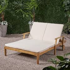 Noble House Perla Teak Brown 1 Piece Wood Outdoor Double Chaise Lounge With Cream Cushions