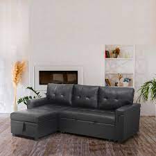 Homestock Black Tufted Sectional Sofa