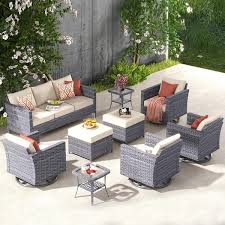 Xizzi Megon Holly Gray 9 Piece Wicker Patio Conversation Seating Sofa Set With Beige Cushions And Swivel Rocking Chairs