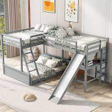 Gojane Gray Twin Over Full Bunk Bed With Twin Size Loft Bed With Desk And Slide Full Length Guardrail