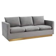 Leisuremod Nervo Modern Mid Century Upholstered Velvet Sofa With Gold Frame Light Grey