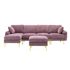 114 In Rolled Arm 4 Piece Velvet L Shaped Sectional Sofa In Purple With Chaise