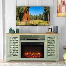 60 In Freestanding Wooden Electric Fireplace Tv Stand In Green For Tv