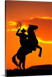 Silhouette Of Cowboy On Horse Rearing Up Large Solid Faced Canvas Wall Art Print Great Big Canvas