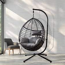 Afoxsos 37 4 In X 37 4 In X 76 77 In 300 Lbs Capacity Black Outdoor Egg Swing Chair With Stand With Gray Cushion Gray