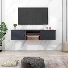 Black Wall Mounted Floating Tv Stand Fits Tvs Up To 65 In With Adjustable Shelves And Magnetic Cabinet Door