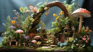 A Fairy Garden With A Tree Stump And A