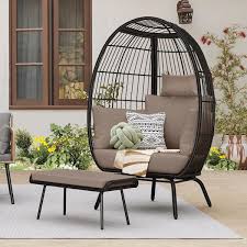 Black Wicker Outdoor Patio Egg Chair With Footrest And Khaki Cushion