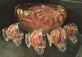 Mcm Glass Apple Punch Bowl With 12 Cups
