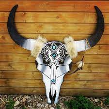 Wood Craft Bull Skull Tribal Painted