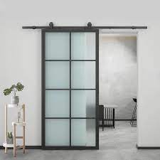Calhome 37 In X 84 In Black Frosted Glass Steel Single Barn Door Hardware Included