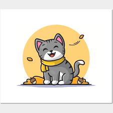 Cute Cat In Autumn Cartoon Vector Icon