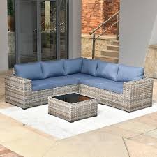 Tahoe Gray 6 Piece Wicker Extra Wide Arm Outdoor Patio Conversation Sofa Set With Denim Blue Cushions