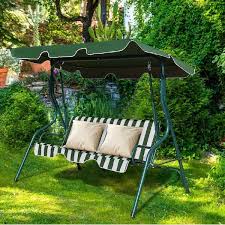 3 Person Green Steel Frame Patio Canopy Swing Hammock With Green White Cushion