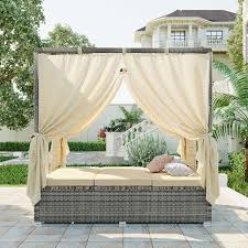 Gray Wicker Outdoor Day Bed With Beige Cushions With Canopy