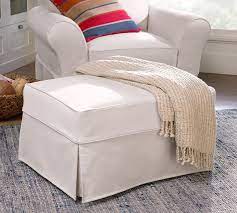 Pb Comfort Slipcovered Ottoman Box Edge Polyester Wrapped Cushions Rustic Linen Indigo Pottery Barn